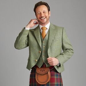 Scottish Green Lovat Tweed Kilt Jacket with Waistcoat
