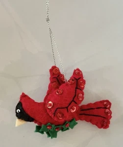 Red Felt Cardinal Christmas Holiday Ornament handmade Bird with Holly - Picture 1 of 2