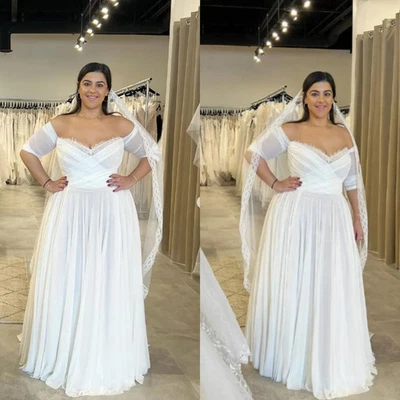 Plus Size Chiffon Wedding DressesOff Shoulder Short Sleeves Beach A Line Gowns - Image 1 of 3