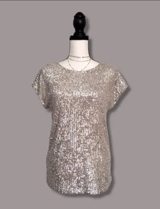 NEU Rachel Zoe Gr. XS Creme Silber Pailletten Bluse RUNDHALSAUSSCHNITT - Bild 1 von 8