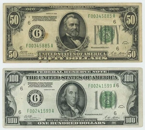 (2) Federal Reserve Notes FR #2100F/2150F 1928 $50/$100 Atlanta DC-6281 - Picture 1 of 3