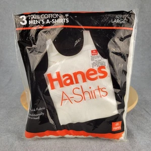 Vtg 3 Men's Hanes Cotton Athletic A-Shirts Large White Tank Tops 90s - Picture 1 of 5