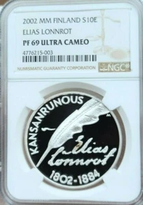 2002 FINLAND SILVER 10 EURO S10E ELIAS LONNROT NGC PF 69 ULTRA CAMEO TOP POP !!! - Picture 1 of 4