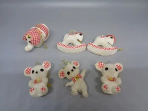 6 VTG Christmas Ornaments FLOCKED WHITE ANIMALS Red Check Bear Horse Elephant - Picture 1 of 5