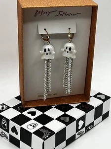 NEW Betsey Johnson Halloween Ghost Pearl Silver Fringe Earrings Glow in the Dark - Picture 1 of 3