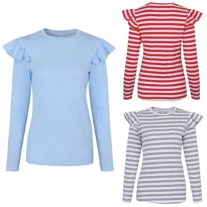 Women Lady Ruffle Long Sleeve Tops Causal T-Shirt Striped Tunic Tee Shirt Tops - Picture 1 of 22