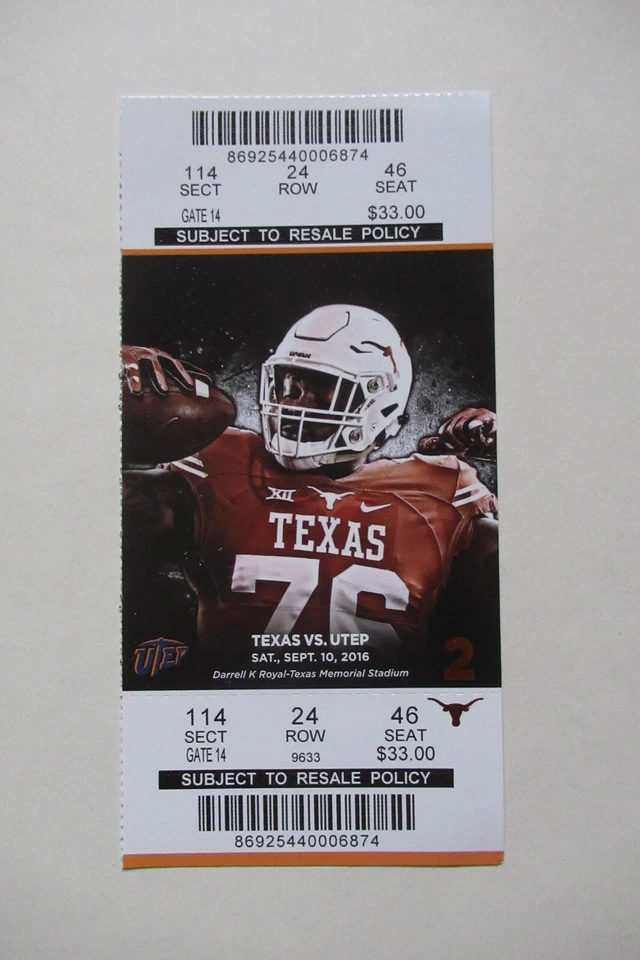 TEXAS LONGHORNS VS UTEP MINERS 9/10/2016 FULL TICKET ~ AARON JONES - Image 1 of 1