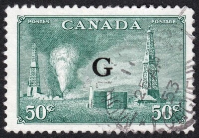 1950 pozos de petróleo Canadá Alberta 50¢ sello oficial/G, usado, Scott O24, SCV US$5,50 Foto 1 de 4
