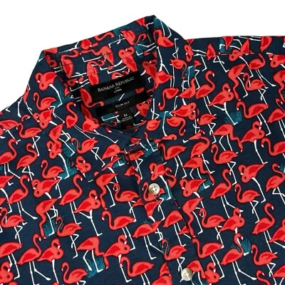 Camisa Banana Republic Para Hombres Mediana Lino Hawaiano Flamenco Azul Abotonada Delgada Foto 1 de 4