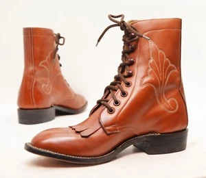 Stivali western vintage NOS mai indossati Hondo Kiltie Packer in pelle marrone taglia 6 B - Foto 1 di 13