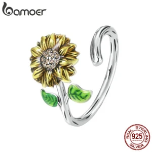 BAMOER 925 Sterling Silver Sunflower Wedding Open Ring Proposal Women Gift - Picture 1 of 14