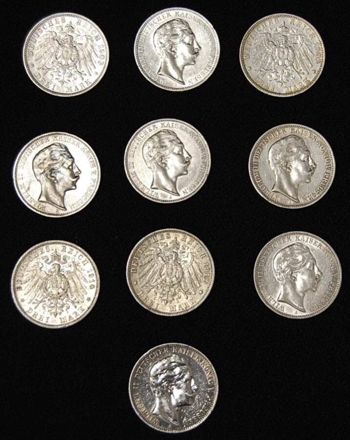 xxx Silberposten  Kaiserreich / Preußen 10 x 3 Mark Wilhelm II. Silber  ss-vz - Bild 1 von 1