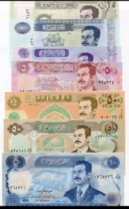 7 Notes Iraq Set Banknotes(5,25,50,50 ,100 250)Saddam Hussien UNC With Tracking - Picture 1 of 9