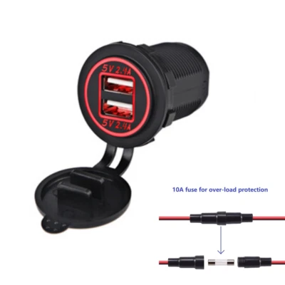 Motorcycle Dual USB Charger Socket Power Outlet 4.8A with Wire In-line 10A Fuse - Image 1 of 4