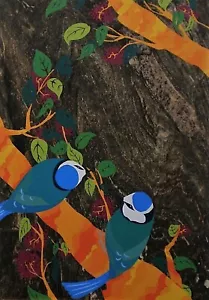 Art Greeting Card Birds Nature Blue Tits Trees Branch - Picture 1 of 1