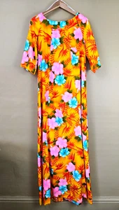 Vintage Hawaiian Maxi Dress Pennys Yellow Floral Short Sleeve S/M 1970s - Picture 1 of 7
