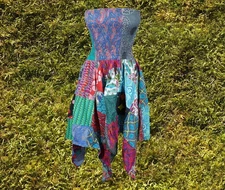 Women’s Boho Patchwork Sundress, Blue Summer Patchwork Dress, Hippie Dress S/M
