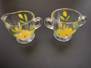 Vintage Bartlett Collins Floral Creamer & Sugar Bowl Glass Set Yellow - Picture 1 of 5