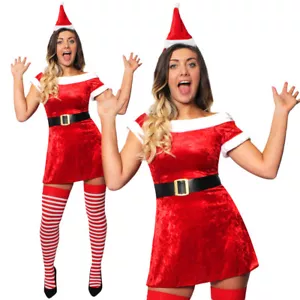 LADIES MISS SANTA DRESS VELOUR SKATER MRS CLAUS CHRISTMAS XMAS FANCY DRESS - Picture 1 of 12