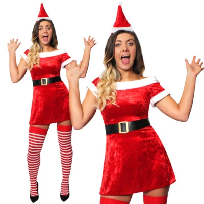 LADIES MISS SANTA DRESS VELOUR SKATER MRS CLAUS CHRISTMAS XMAS FANCY DRESS - Image 1 of 4