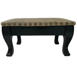 Small Linen Fabric Ottoman Footstool – Upholstered Rest Stool with Wooden Legs - Picture 1 of 4