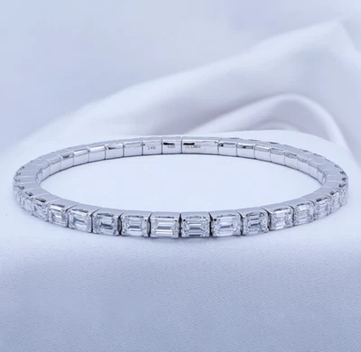 10.13ct Emerald Cut Lab Grown Diamond Stretchable Bracelet 7" 14k White Gold Foto 1 de 4