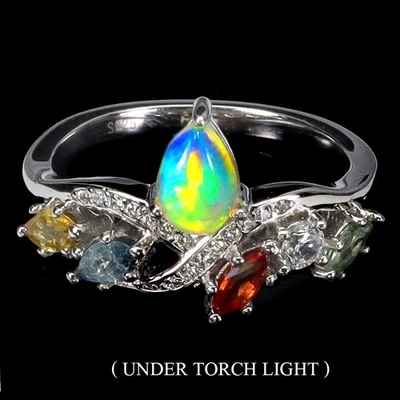 925 Sterling Silver Ring Pear Fire Opal 7x5mm Sapphire Natural Gemstone Size 8 - Image 1 of 4