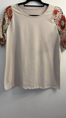 Top Manga Corta Tejido Crochet Talla L Crema Ligero Pullover Boho Verano Informal Foto 1 de 4