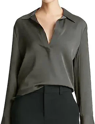 Blusa Vince 100% Seda Top Túnica Cogumelo Cor Taupe Manga Longa Tamanho Grande M - Imagem 1 de 3