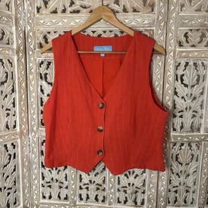 Draper James RSVP Button Up Boxy Vest Sz XL Linen Blend Boho Academia Striped - Picture 1 of 11
