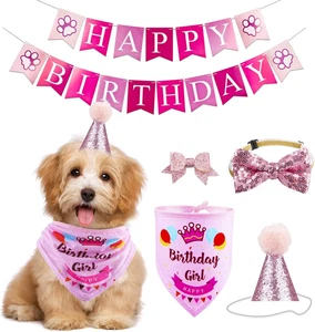 Suministros de fiesta de cumpleaños para perros - Conjunto de pancarta de sombrero bandana con lindo lazo Ti para niños y niñas - Imagen 1 de 12