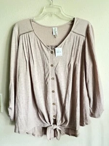 NWT PER SEPTION Sand Beige VNeck Button Front Tie Finish LS Blouse Stretch XL - Picture 1 of 7