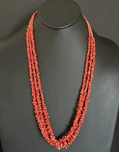Native American Sterling Silver Multi Strand Red Coral Bead Necklace 30 inch - Picture 1 of 12