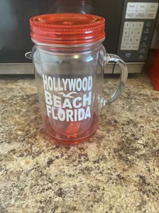 Red/Clear Hollywood Beach Florida Plastic Mason Jar Mug 16 Oz (No Straw Included - Picture 1 of 5