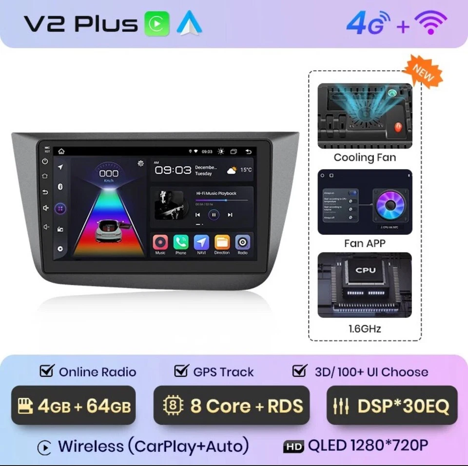Autoradio Para Seat Altea 2004-2015 4G+64GB 4G+WIFI 8Core CarPlay Inalámbrico BT - Imagen 1 de 4