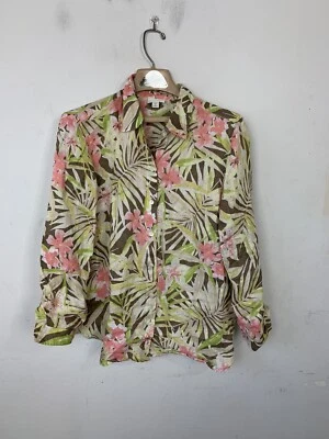 J Jill 女式衬衫中号娇小热带花卉亚麻度假游轮旅行 — 第 1/4 张图片