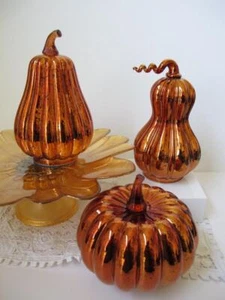Set/3 Glass Pumpkin Lights w Timer Lighted Mercury Glass Pumpkin Decorations - Picture 1 of 21