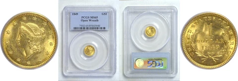 1849 $1 Gold Coin PCGS MS-65 Open Wreath Cover
