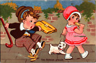 Comic Boy looks at a Girl & Her Dog and slips on a Banana Vintage Postcard B135