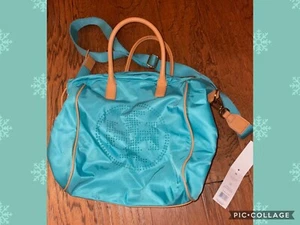 Tory Burch Logo Drawstring Tote Turquoise Purse Nylon $350 - Picture 1 of 8