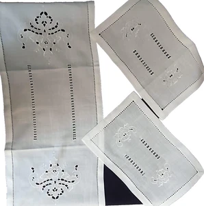 Centrini set 3 pezzi Runner Striscia Intaglio Elegante Raffinato Misto Lino - Foto 1 di 3