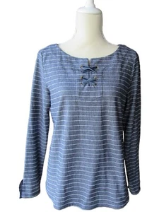Damen M Strick Top Kreuz Samt Bindeband Grau Blau Langarm Streifen Talbots - Bild 1 von 13