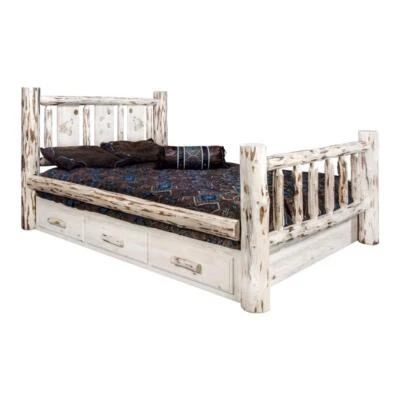 Cama de almacenamiento Montana Woodworks Wood King con diseño de lobo grabado en natural Foto 1 de 3