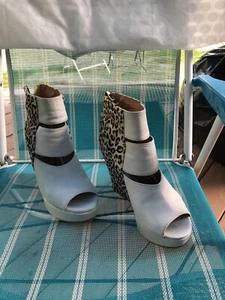 Matiko White Leather wedges with PONY HAIR Leopard print size 6.5 - Picture 1 of 8