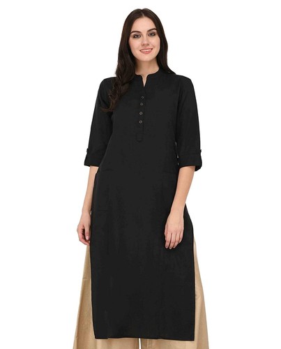 OFF WHITE Abito Kurta Cotone Per Donna con Due Toppe Tasche Solido Regolare Kurti