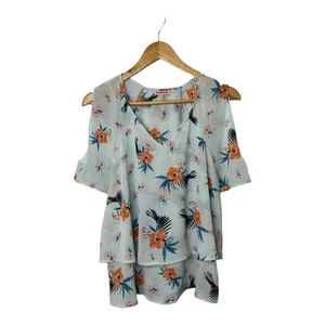 Juicy Couture Light Blue Tiered V Neck Blouse Orange Floral Women's Size Medium  - Picture 1 of 7