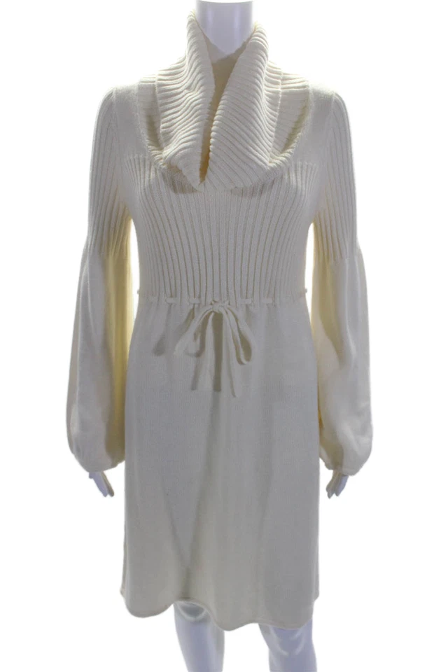 Calvin Klein Womens Textured Turtleneck Drawstring Knit Sweater Dress Cream Size - Image 1 of 4