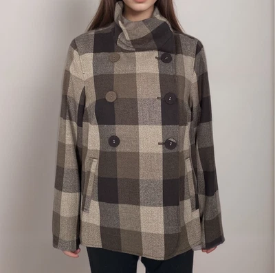 全新带标签 Liz Clairborne 夹克女式 M 码棕色格子双排扣柔软秋千 — 第 1/4 张图片