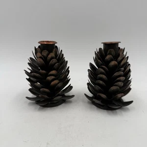 Set Of 2 Metal Pine Cone Taper Candle Holders 4” Tall - Picture 1 of 13