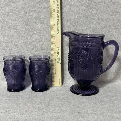 Jarra de vidrio prensado Godinger Retro 1 QT amatista púrpura y 2 vasos de bebida Foto 1 de 4